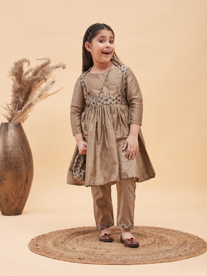 VASTRAMAY Girls Festive & Party Kurta and Pyjama Set(Brown Pack of 1)