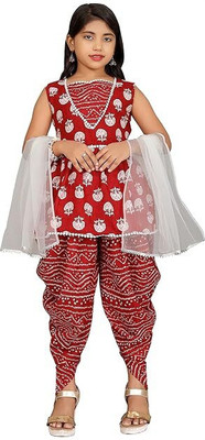 SUF FASHION Girls Festive & Party Kurta, Dhoti Pant & Dupatta Set(Red Pack of 1)