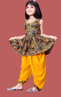 HouseOfCommon Girls Festive & Party Kurta and Dhoti Pant Set(Yellow Pack of 1)