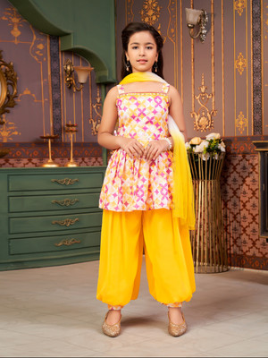 Aarika Girls Festive & Party Kurta and Patiala Set(Yellow Pack of 1)