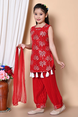 S PRITY GARMENTS Baby Girls Festive & Party, Wedding, Formal, Casual Kurta, Dhoti Pant & Dupatta Set(Red Pack of 1)
