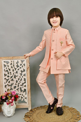 AHHAAAA Boys Festive & Party Kurta, Waistcoat and Breeches Set(Pink Pack of 1)