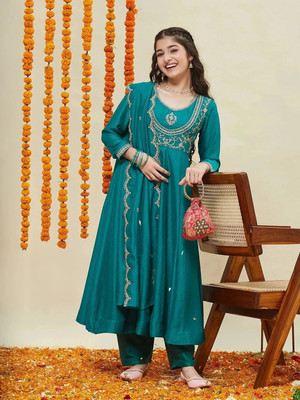 Curly Tales Girls Festive & Party Kurta and Dupatta Set(Green Pack of 1)