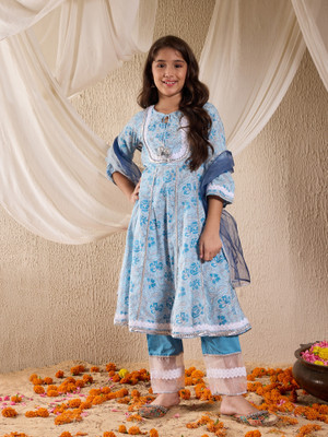 Pspeaches Girls Festive & Party Kurta, Pyjama & Dupatta Set(Blue Pack of 1)