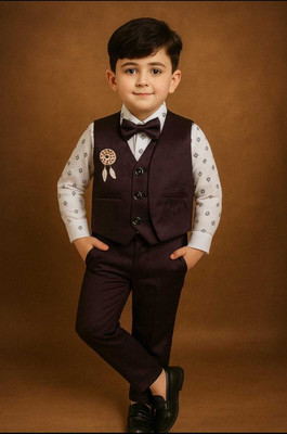 Anishka Creation Boys Festive & Party, Wedding Shirt, Waistcoat and Pant Set(Maroon Pack of 1)