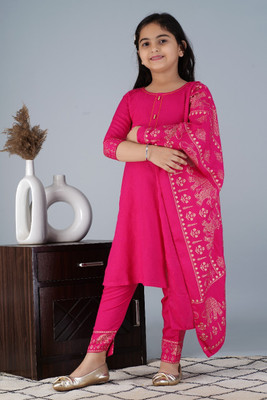 Itemzon Girls Festive & Party, Casual Kurta, Pyjama & Dupatta Set(Pink Pack of 1)