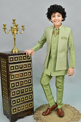 AHHAAAA Boys Festive & Party Kurta, Waistcoat and Breeches Set(Green Pack of 1)