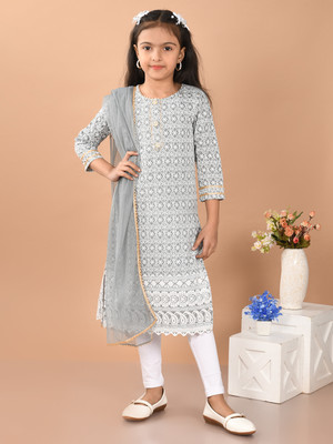 Lalti Fashion Girls Festive & Party Kurta and Leggings Set(Grey Pack of 1)