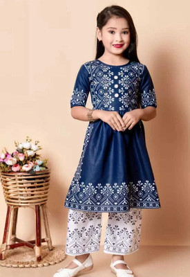 Akm Fashion Girls Festive & Party, Casual, Wedding Kurta and Palazzo Set(Dark Blue Pack of 1)
