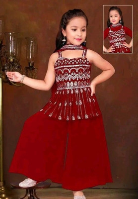 Dhvra Fashion Girls Wedding Kurta and Palazzo Set(Red Pack of 1)