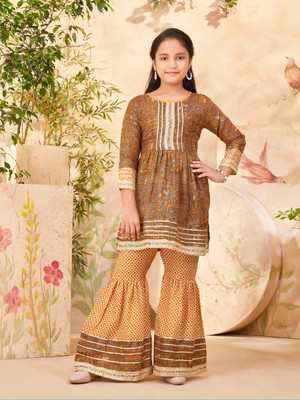 MUHURATAM Girls Festive & Party Salwar and Kurta Set(Yellow Pack of 1)