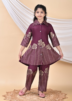 Kidsearth Girls Festive & Party Kurta and Pyjama Set(Purple Pack of 1)
