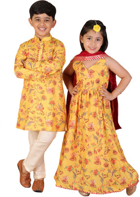 VASTRAMAY Boys Festive & Party Kurta and Pyjama Set(Yellow Pack of 1)