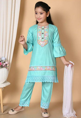 AR KEFA Girls Festive & Party Kurta and Pyjama Set(Light Blue Pack of 1)