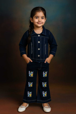 BISHALGARMENTS Girls Festive & Party Ethnic Jacket, Kurta and Palazzo Set(Blue Pack of 1)