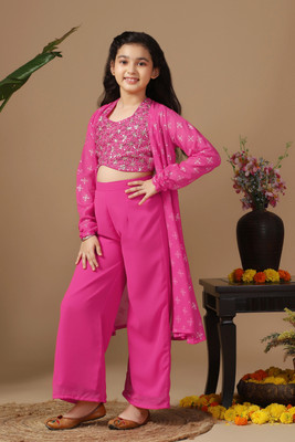 Tasrika Girls Festive & Party Ethnic Jacket, Blouse and Palazzo Set(Pink Pack of 1)