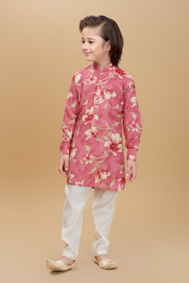 Mini Stitch Boys Festive & Party Kurta and Pyjama Set(Pink Pack of 1)