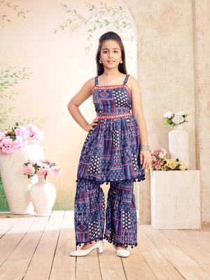 Tasrika Girls Festive & Party Kurta and Sharara Set(Dark Blue Pack of 1)