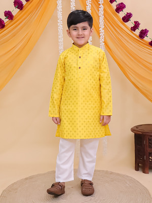 AJ Dezines Boys Festive & Party Kurta and Pyjama Set(Yellow Pack of 1)