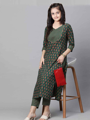 SATVASHIV Girls Festive & Party, Casual Kurta and Pyjama Set(Green Pack of 1)