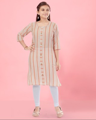 MUHURATAM Girls Striped Straight Kurta(Orange, White)