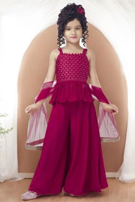 MJ TRENDS Girls Festive & Party Kurti, Legging and Dupatta Set(Maroon Pack of 1)