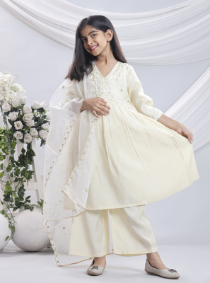 Kidaroo Girls Festive & Party Kurta, Pyjama & Dupatta Set(White Pack of 1)