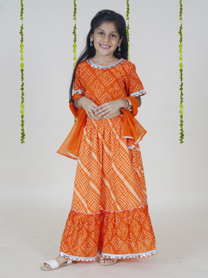 KiddoPanti Girls Festive & Party Top and Skirt Set(Orange Pack of 1)