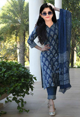 Mitukart Girls Casual Churidar and Dupatta Set(Blue Pack of 1)