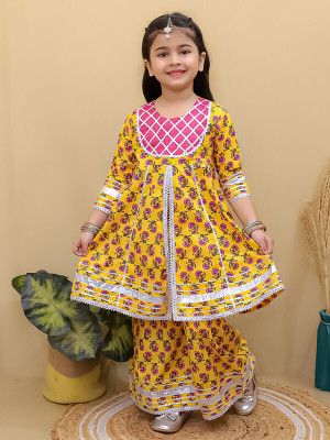 Superminis Girls Festive & Party Angarkha and Sharara Set(Yellow Pack of 1)