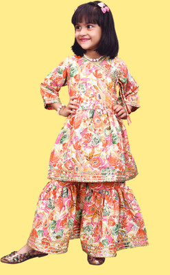 Agnivesha Girls Festive & Party Angarkha and Sharara Set(Orange Pack of 1)