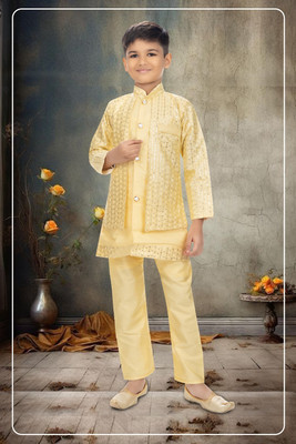 new gen Baby Boys Casual, Festive & Party, Wedding Kurta, Waistcoat and Pyjama Set(Yellow Pack of 1)