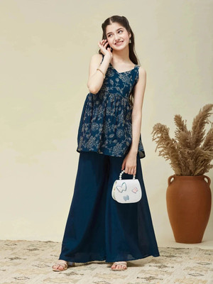 Curly Tales Girls Festive & Party Kurta and Palazzo Set(Blue Pack of 1)