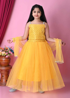 ABIS DRESSES Girls Festive & Party Top and Skirt Set(Yellow Pack of 1)