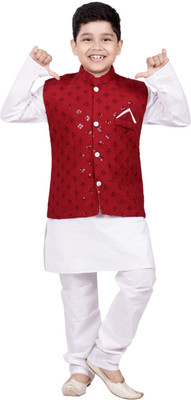 Smuktar garments Baby Boys Festive & Party, Casual, Wedding Kurta, Waistcoat and Pyjama Set(Red Pack of 1)