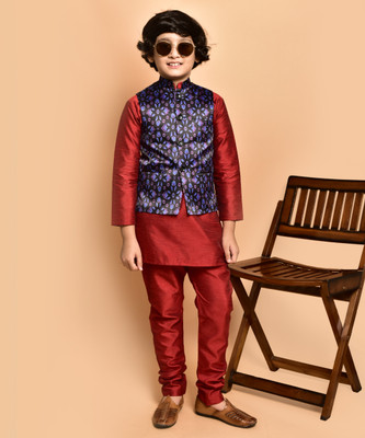 PRINTINIDA Baby Boys Casual Kurta and Pyjama Set(Red Pack of 1)
