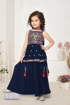 Dhvra Fashion Girls Wedding Kurta and Palazzo Set(Blue Pack of 1)