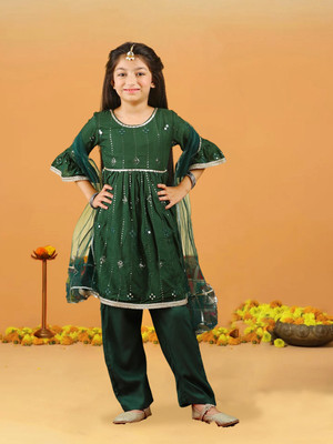 CUTIEKINS Girls Festive & Party Kurta and Palazzo Set(Dark Green Pack of 1)