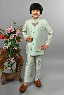 AHHAAAA Boys Festive & Party Kurta, Waistcoat and Pyjama Set(Green Pack of 1)
