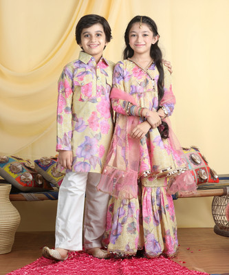 CUTIEKINS Girls Festive & Party Angarkha and Sharara Set(Multicolor Pack of 1)