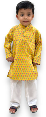 Shree KV Boys Casual Kurta and Pyjama Set(Yellow Pack of 1)