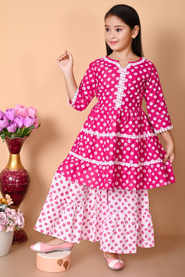 Mselimdresses Girls Casual Kurta and Sharara Set(Pink Pack of 1)