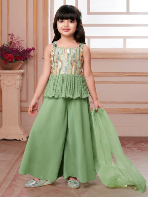 Tulsi Creation Girls Wedding Kurta and Palazzo Set(Green Pack of 1)