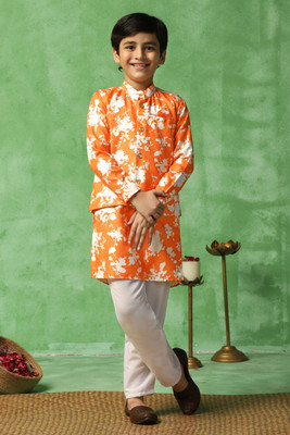 Fashion Dream Boys Wedding Kurta, Waistcoat and Pyjama Set(Orange Pack of 1)
