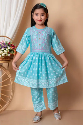 RKTM Girls Festive & Party Kurta and Palazzo Set(Light Blue Pack of 1)