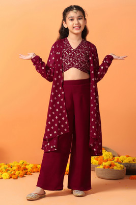 Fashion Dream Girls Festive & Party Ethnic Jacket, Blouse and Palazzo Set(Maroon Pack of 1)