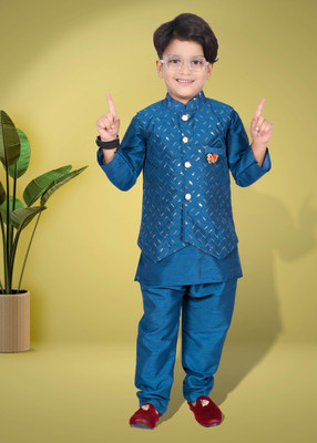 Hasibul Fashion Boys Festive & Party Kurta, Waistcoat and Pyjama Set(Dark Blue Pack of 1)