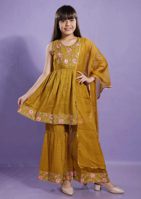 Curly Tales Girls Festive & Party Kurta and Sharara Set(Yellow Pack of 1)