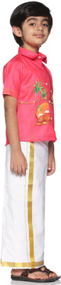 Sethukrishna Boys Festive & Party Shirt & Dhoti Set(Pink Pack of 1)