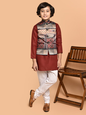 PRINTCULTR Boys Festive & Party Kurta, Waistcoat and Pyjama Set(Red Pack of 3)